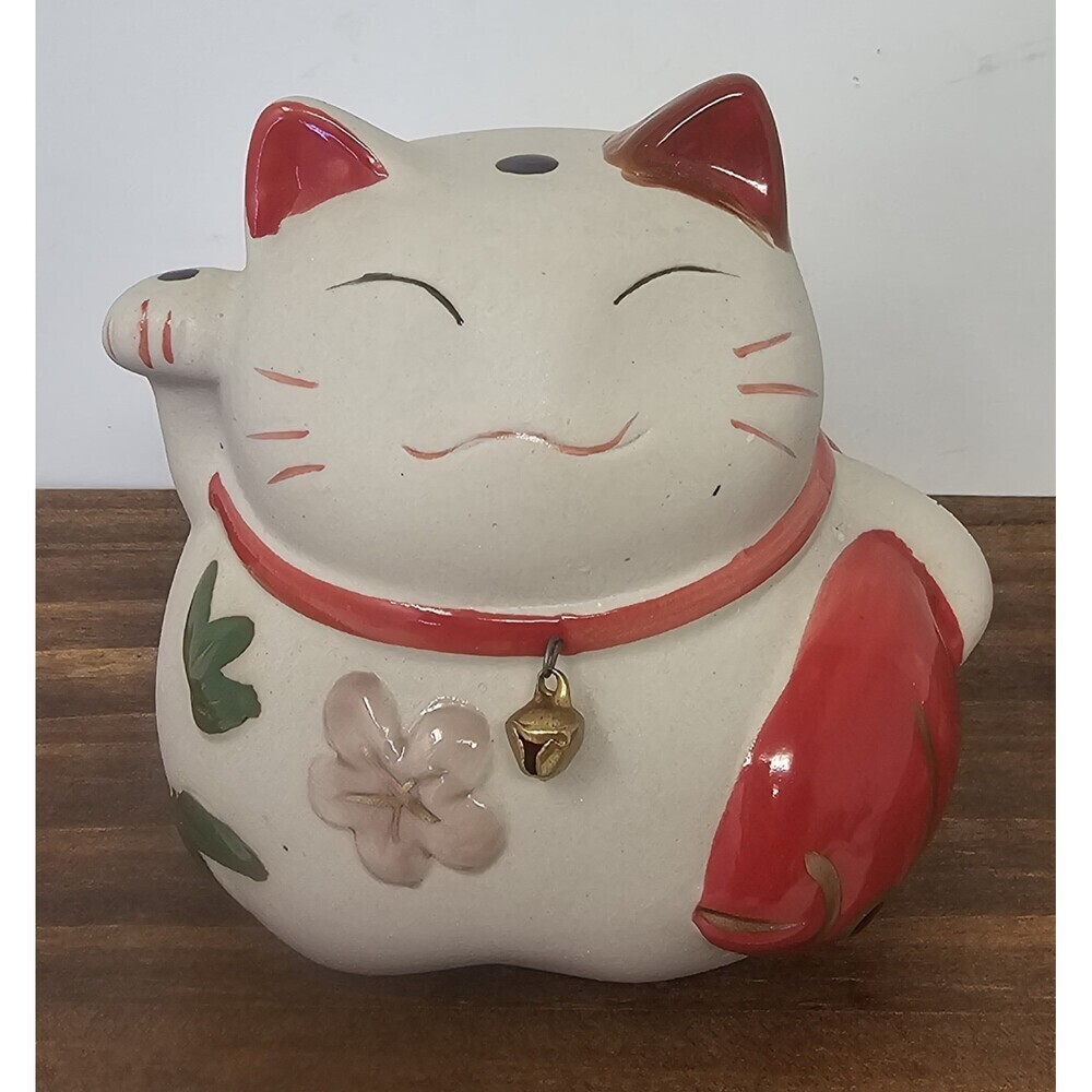 Lucky Ceramic Cat Maneki Neko Good Fortune Smiling Waving Bell Wealth Money 4"